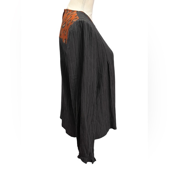 THML Embroidered Boho Blouse Medium Black Rust Leopard Back Long Sleeve Top - Picture 4 of 10